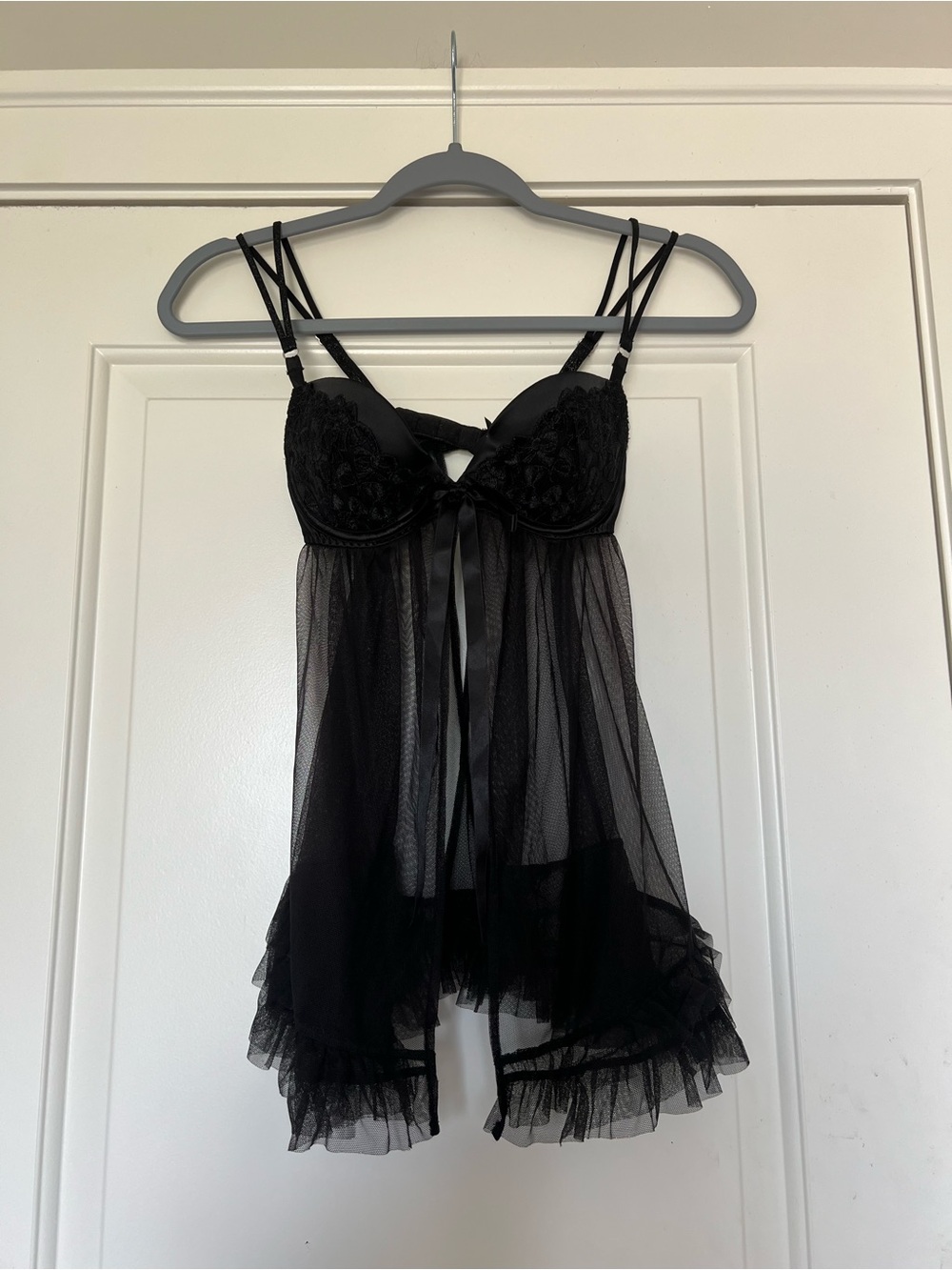 Victoria's Secret Black Lace & Mesh Babydoll Chemise with Ribbon